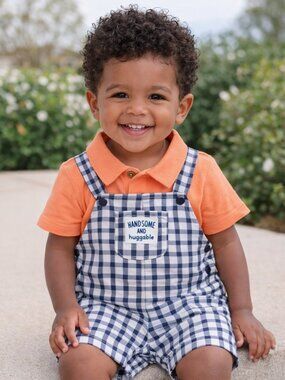NWT Carter’s Baby Boy 2 Piece Shortall Set 18 Months Plaid Overalls Orange Polo
